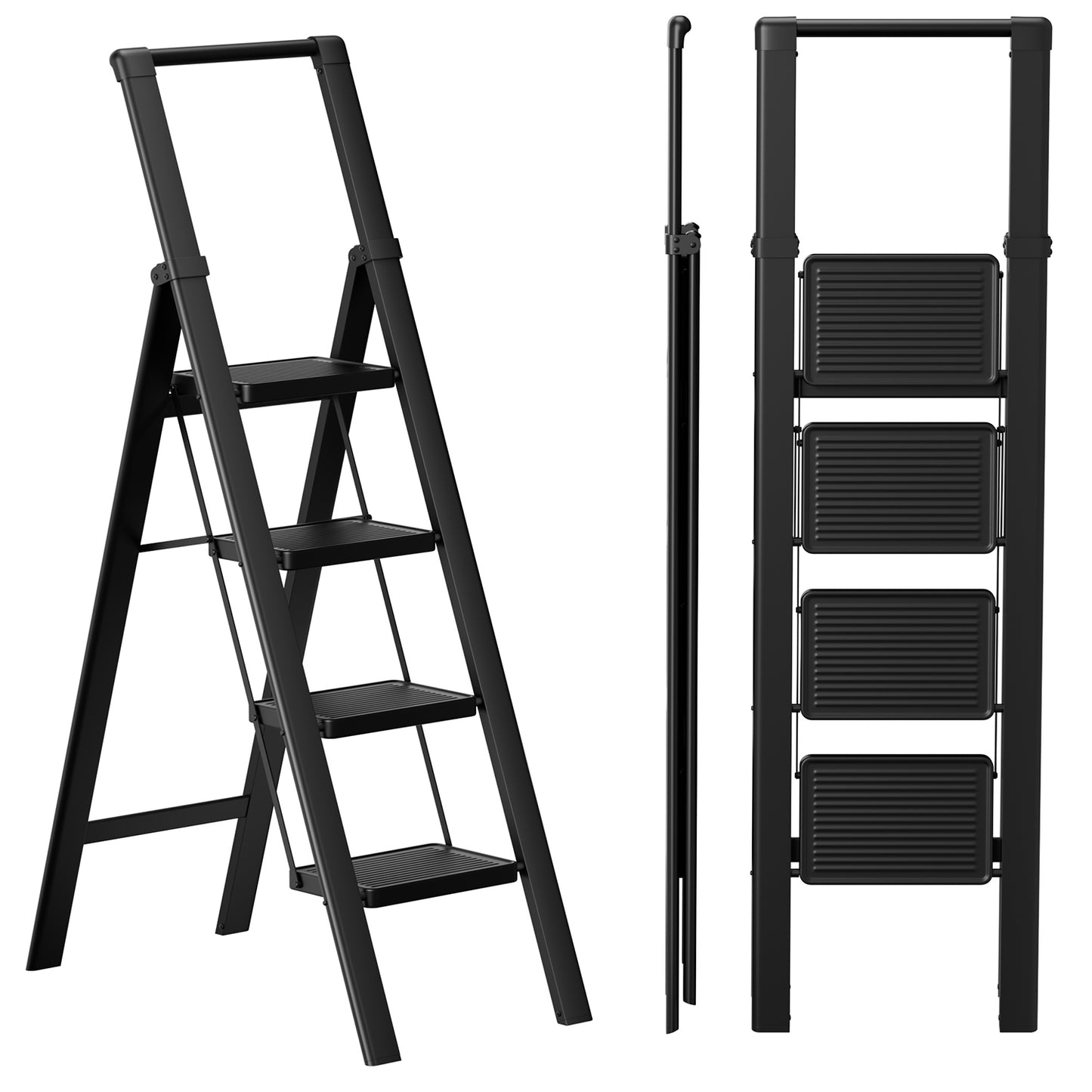 SOLADDER Step Ladder 4 Step Folding Stool with Anti-Slip Widened Sturdy Pedal and Handgrip, Portable Lightweight Aluminum Ladder for Home,Kitchen,300 lbs Capacity-Black+Woodgrain