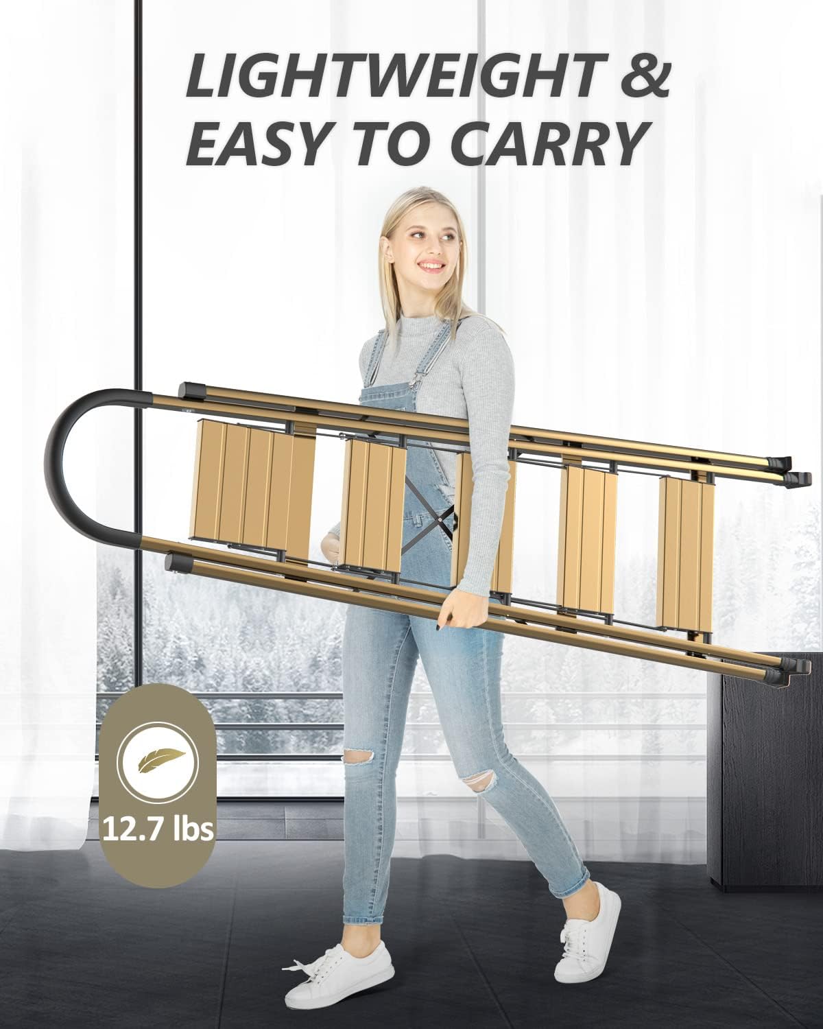 SOLADDER 5 Step Ladder, Folding Step Stool, Lightweight Aluminum Foldable Ladder for 10 Foot High Ceiling with Anti-Slip Wide Sturdy Pedal and Handgrip, Multi-Use for Home - Brown Gold