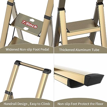 SOLADDER 6 Step Ladder, Folding Step Stool with Handgrip and Anti-Slip Wide Pedal, Portable Lightweight Aluminum Stepladder for Kitchen, Home, Library, Office (330 lbs Capacity) - Gold