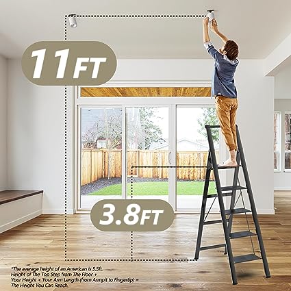 SOLADER 5 Step Ladder, Folding Step Stool, Lightweight Aluminum Foldable Black Ladder for 10 Foot High Ceiling with Anti-Slip Wide Sturdy Pedal and Handgrip, Multi-Use for Home