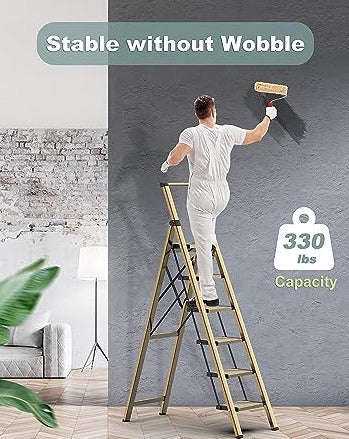 SOLADDER 6 Step Ladder for 12 Feet High Ceiling, Folding Step Stool with Handgrip and Anti-Slip Wide Pedal, Portable Lightweight Aluminum Stepladder for Kitchen, Home - Gold