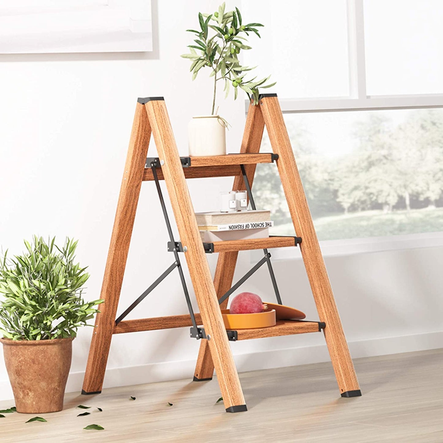 3 Step Ladder Anti-Slip Foldable Step Stool Aluminum Lightweight with Wide Pedal for Home and Kitchen Space Saving - Woodgrain (330 lbs)