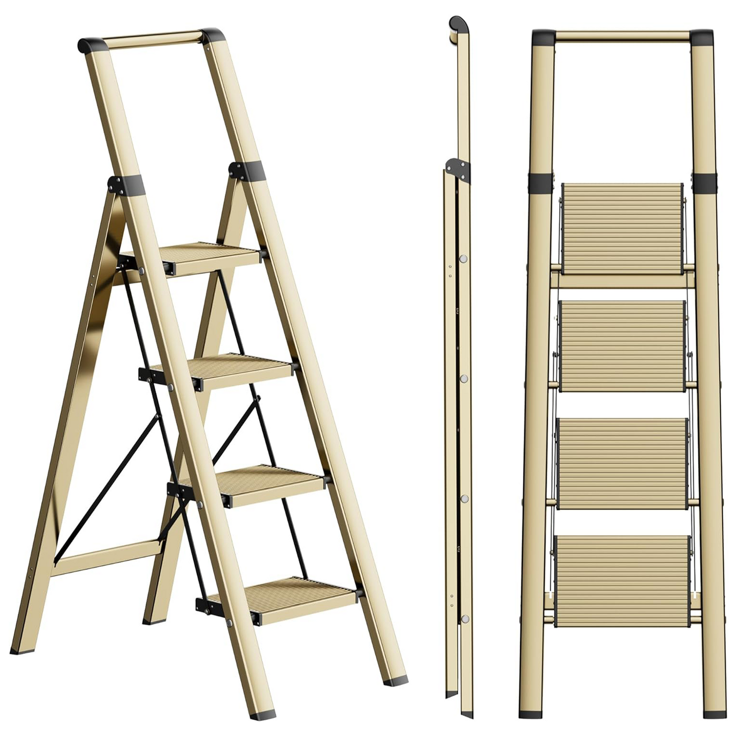 SOLADDER Step Ladder 4 Step Folding Stool with Anti-Slip Widened Sturdy Pedal and Handgrip, Portable Lightweight Aluminum Ladder for Home,Kitchen,300 lbs Capacity-Black+Woodgrain