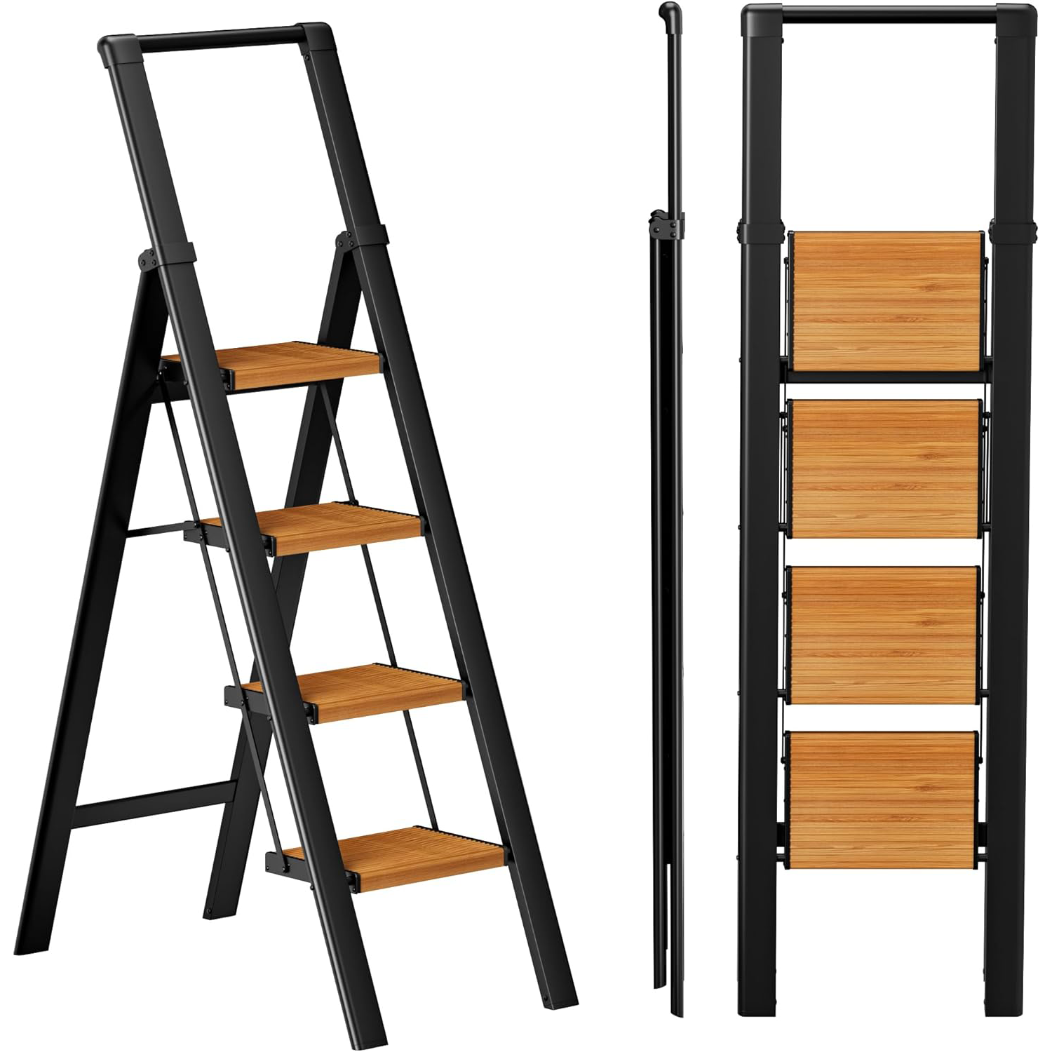 4-Step Folding Step Ladder – Black Woodgrain