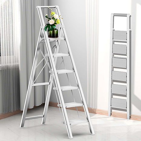  6 Step Ladder for 12 Feet High Ceiling, Folding Step Stool with Handgrip and Anti-Slip Wide Pedal, Portable Lightweight Aluminum Stepladder for Kitchen, Home (330 lbs Capacity) - Silver