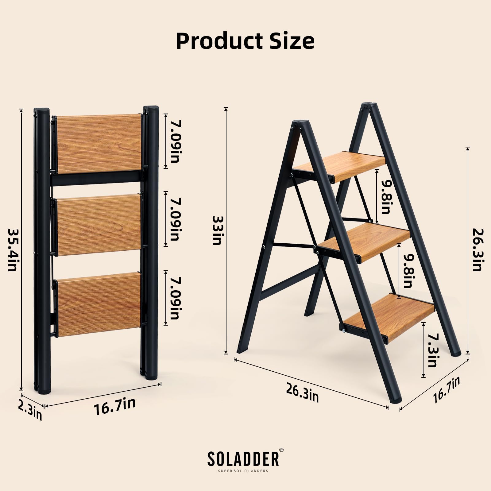 SOLADDER 3 Step Ladder, Folding Step Stool, Black & Woodgrain