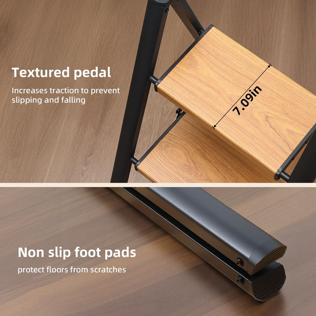 SOLADDER 3 Step Ladder, Folding Step Stool, Black & Woodgrain