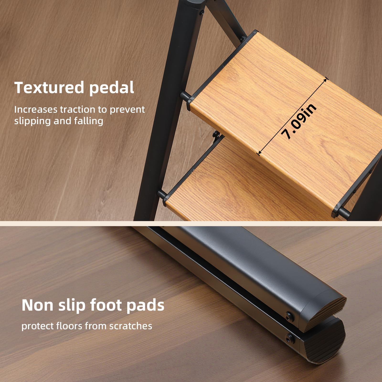 SOLADDER 3 Step Ladder, Folding Step Stool, Black & Woodgrain
