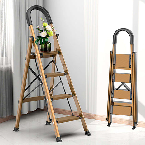 4 Step Ladder, Folding Step Stoo Wide Sturdy Pedal and Handgrip, Portable Lightweight Aluminum Stepladder, Multi-Use for Home, Library, Garage (330 lbs Capacity) - Brown Gold