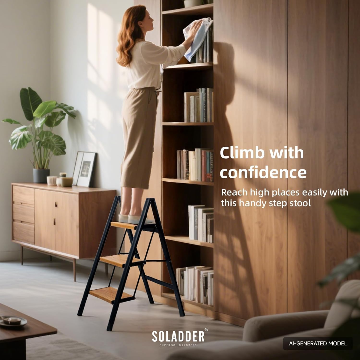 SOLADDER 3 Step Ladder, Folding Step Stool, Black & Woodgrain