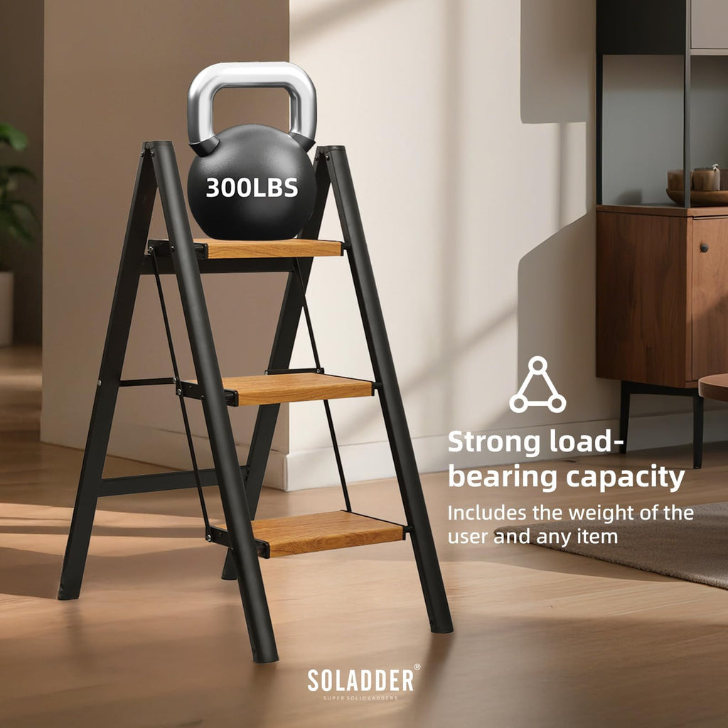 SOLADDER 3 Step Ladder, Folding Step Stool, Black & Woodgrain