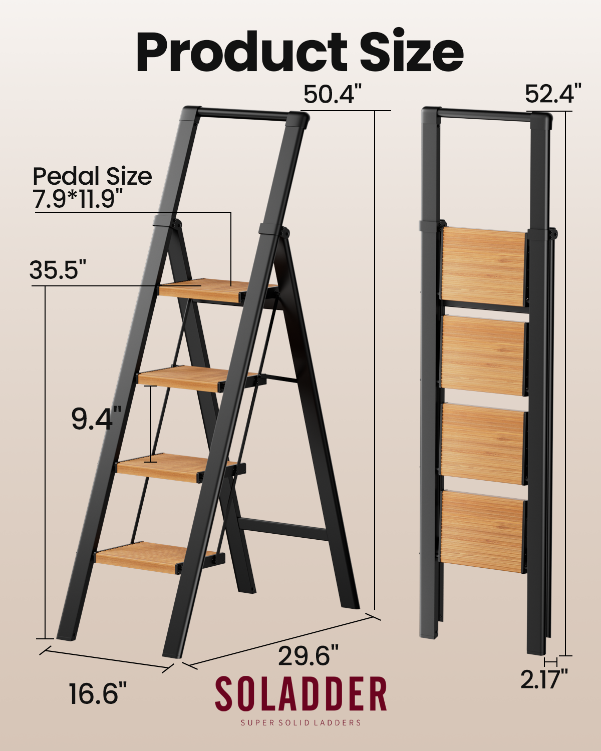 SOLADDER Step Ladder 4 Step Folding Stool with Anti-Slip Widened Sturdy Pedal and Handgrip, Portable Lightweight Aluminum Ladder for Home,Kitchen,300 lbs Capacity-Black+Woodgrain