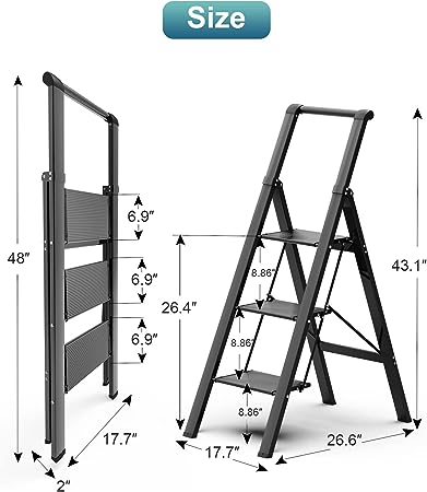 3 Step Ladder, Slim Folding Steps Stool with Handrail, Lightweight Aluminum Alloy Foldable Black Ladder with Anti-Slip Wide Pedal, for Home, Kitchen, Office, Garage Use - Black