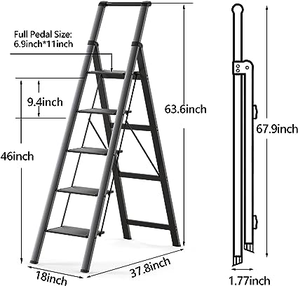 5 Step Ladder, Folding Step Stool with Handgrip and Anti-Slip Wide Pedal, Portable Lightweight Aluminum Stepladder for Kitchen, Home, Library, Office (330 lbs Capacity) - Black