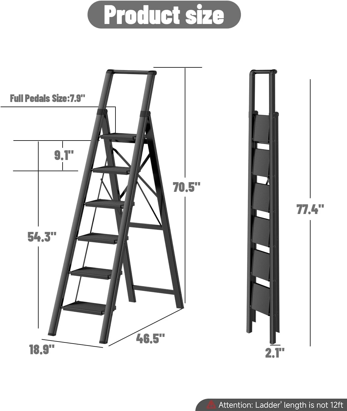 6 Step Ladder for 12 Feet High Ceiling, Folding Step Stool with Handgrip and Anti-Slip Wide Pedal, Portable Lightweight Aluminum Stepladder for Kitchen, Home (330 lbs Capacity) - Black