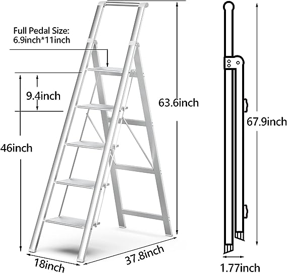 5 Step Ladder, Folding Step Stool with Handgrip and Anti-Slip Wide Pedal, Portable Lightweight Aluminum Stepladder for Kitchen, Home, Library, Office (330 lbs Capacity) - Sliver