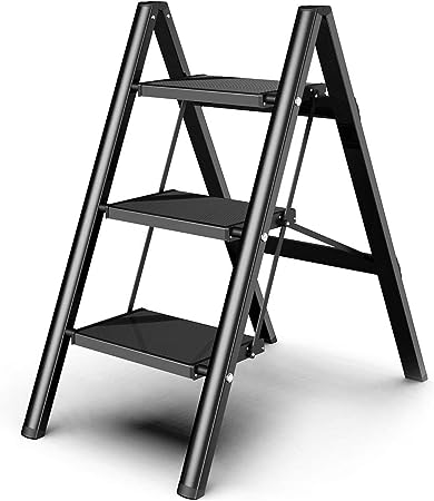 3 Step Ladder, Anti-Slip Folding Step Stool, Aluminum Lightweight Stepladder with Wide Pedal for Home and Kitchen Use - Black (330 lbs)