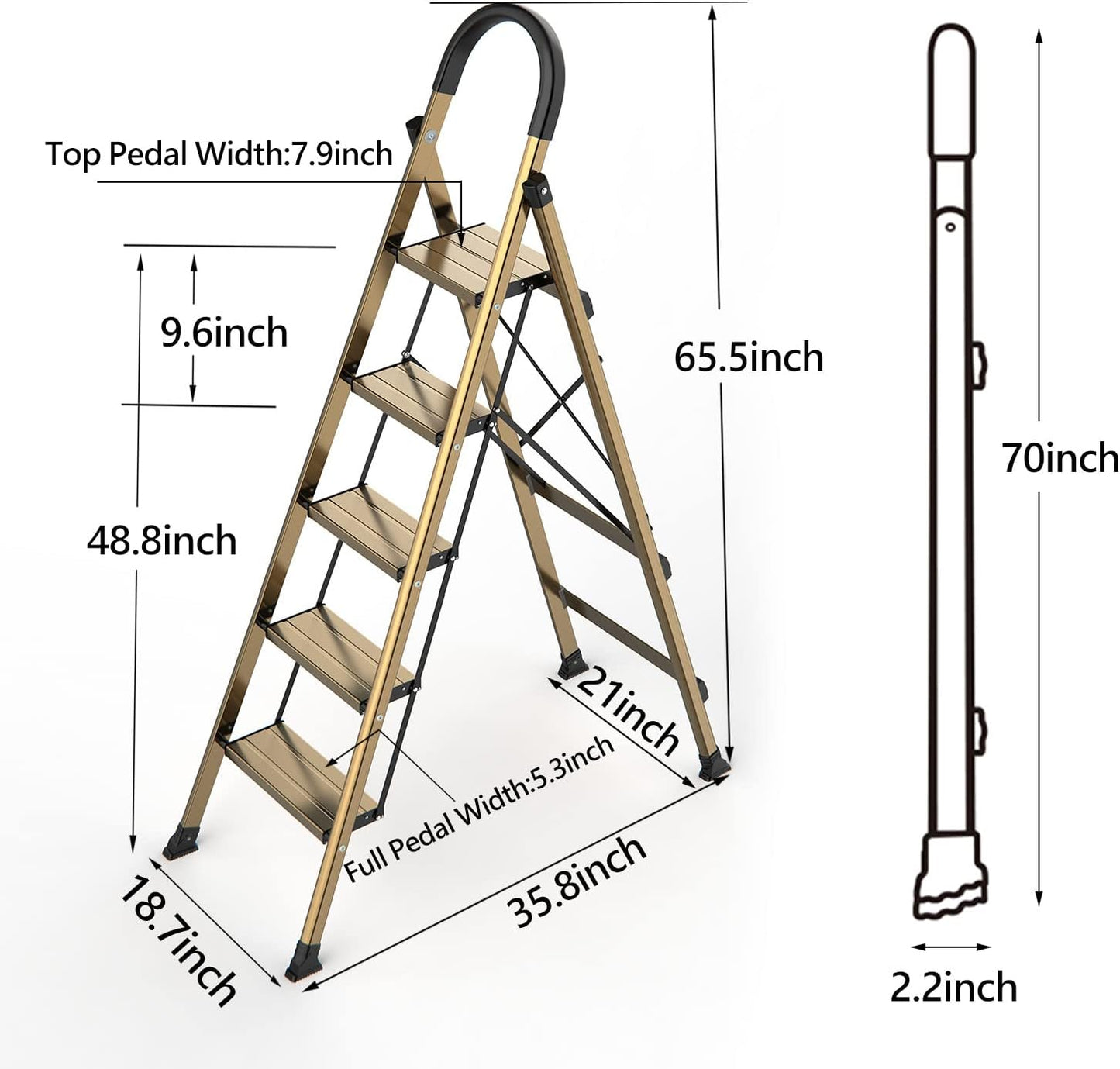 SOLADDER 5 Step Ladder, Folding Step Stool, Lightweight Aluminum Foldable Ladder for 10 Foot High Ceiling with Anti-Slip Wide Sturdy Pedal and Handgrip, Multi-Use for Home - Brown Gold