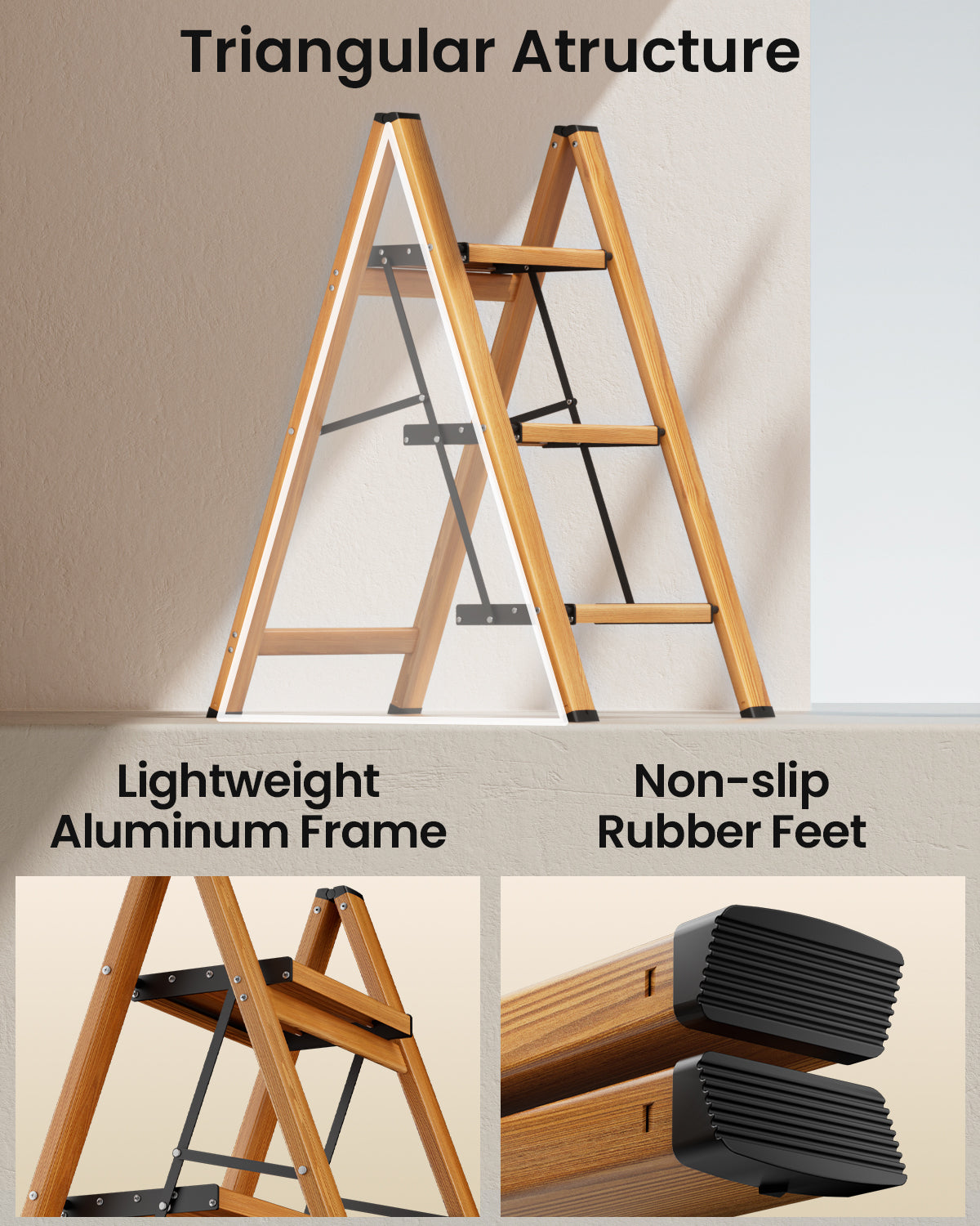 3-Step Folding Ladder – Woodgrain