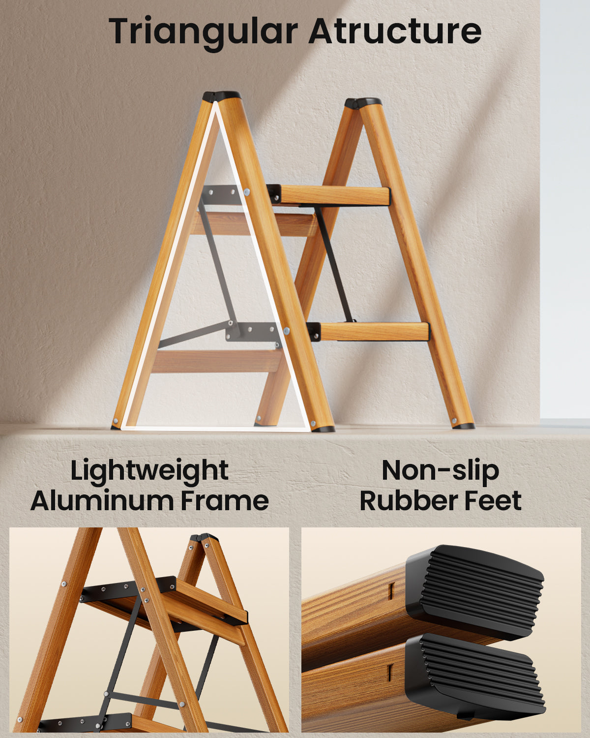 SOLADDER 2 Step Ladder, Folding Step Stool with Anti-Slip Wide Sturdy Pedal, Multi-Use for Home and Kitchen Use, Space Saving-Woodgrain(300lbs Capacity)