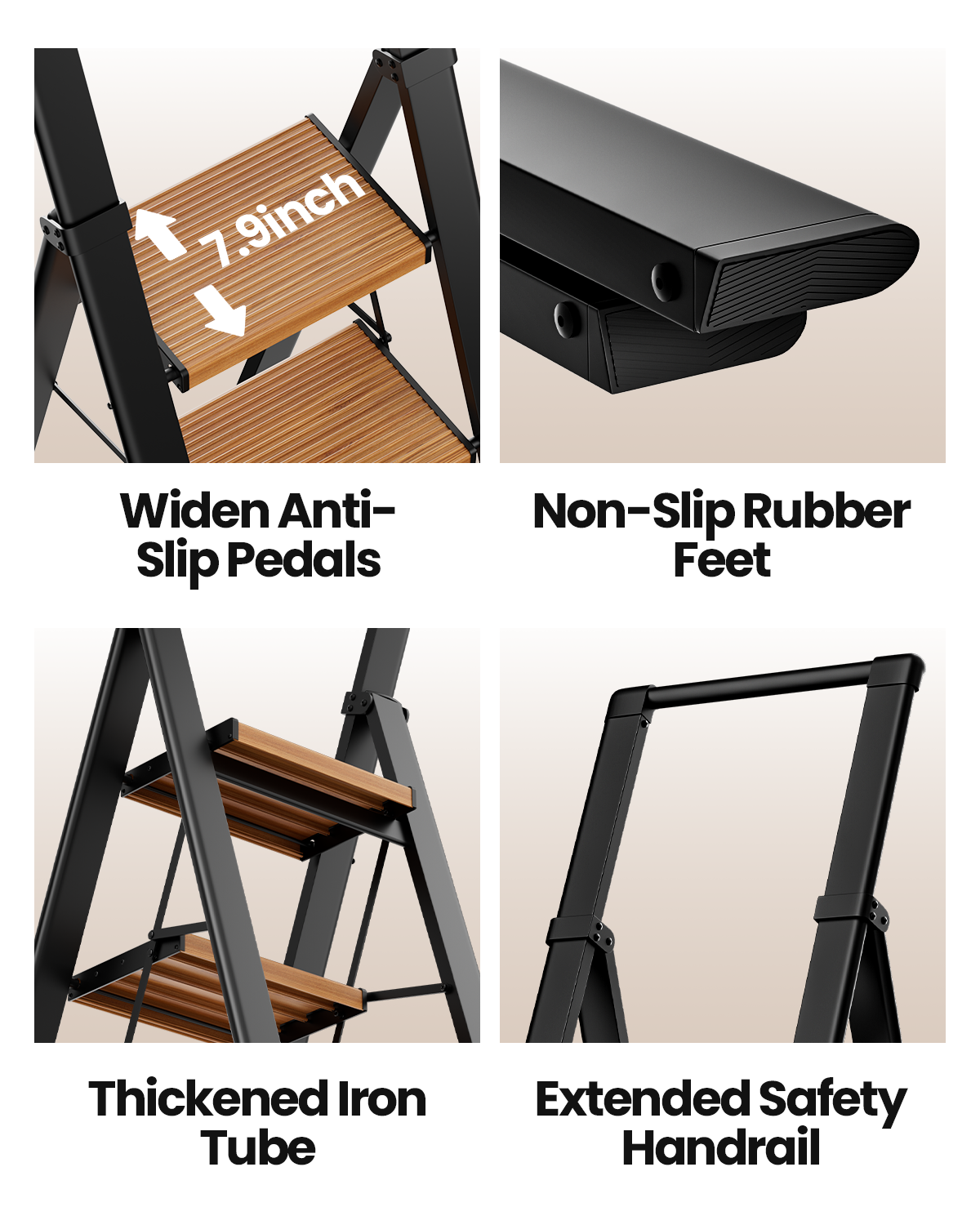 SOLADDER Step Ladder 4 Step Folding Stool with Anti-Slip Widened Sturdy Pedal and Handgrip, Portable Lightweight Aluminum Ladder for Home,Kitchen,300 lbs Capacity-Black+Woodgrain