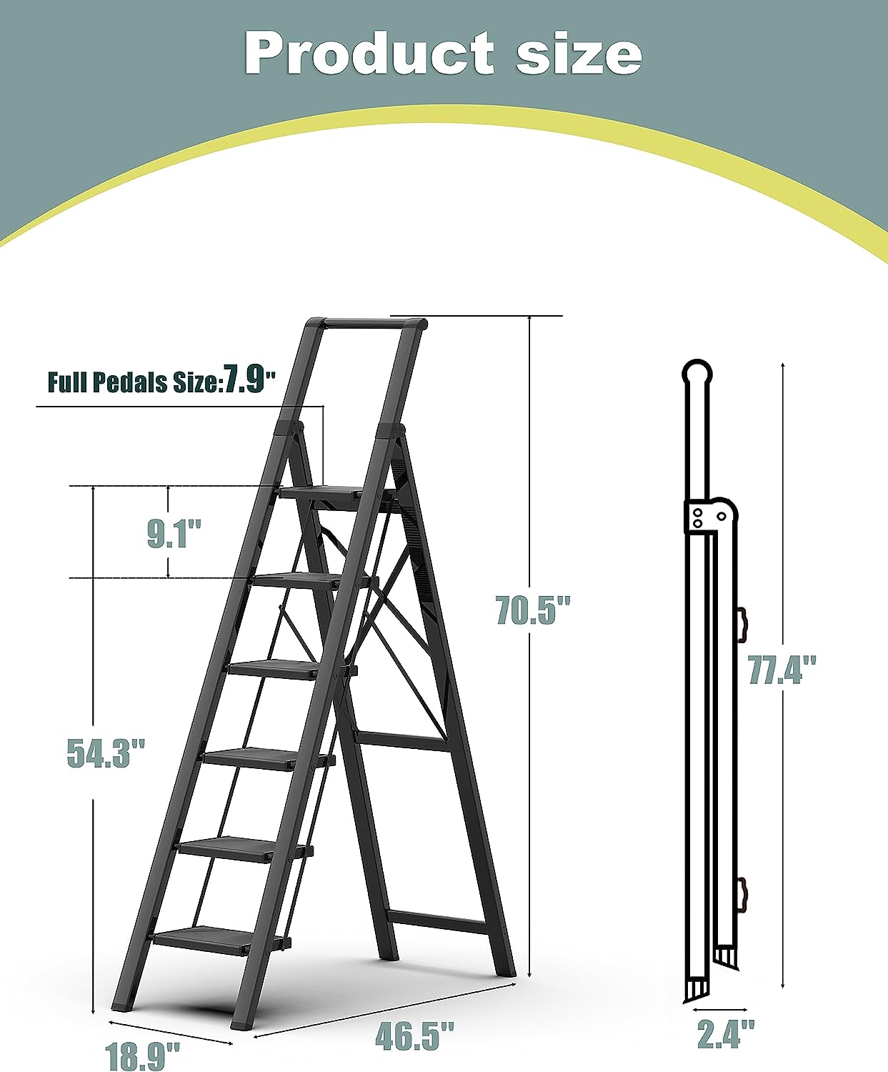  6 Step Ladder for 12 Feet High Ceiling, Folding Step Stool with Handgrip and Anti-Slip Wide Pedal, Portable Lightweight Aluminum Stepladder for Kitchen, Home (330 lbs Capacity) - Silver