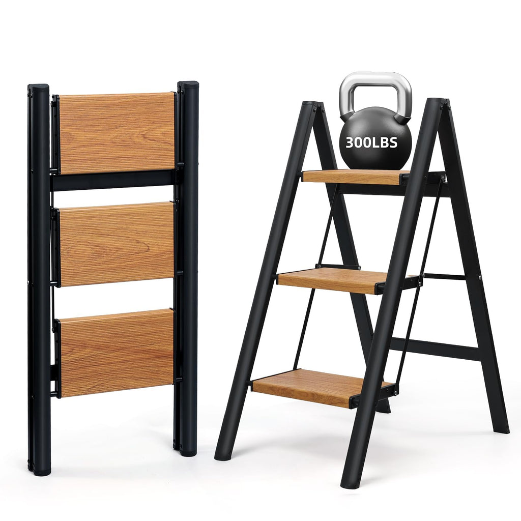 SOLADDER 3 Step Ladder, Folding Step Stool, Black & Woodgrain