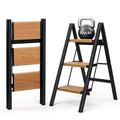 SOLADDER 3 Step Ladder, Folding Step Stool, Black & Woodgrain