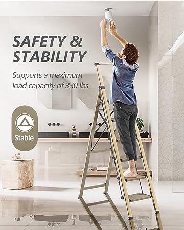 SOLADDER 6 Step Ladder, Folding Step Stool with Handgrip and Anti-Slip Wide Pedal, Portable Lightweight Aluminum Stepladder for Kitchen, Home, Library, Office (330 lbs Capacity) - Gold