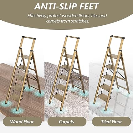 5 Step Ladder, Folding Step Stool, Lightweight Aluminum Foldable Ladder for 10 Foot High Ceiling with Anti-Slip Wide Sturdy Pedal and Handgrip, Multi-Use for Home (330 lbs Capacity) - Brown Gold