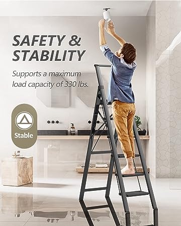 SOLADDER 6 Step Ladder, Folding Step Stool with Handgrip and Anti-Slip Wide Pedal, Portable Lightweight Aluminum Stepladder for Kitchen, Home, Library, Office, Balck, 330 lbs