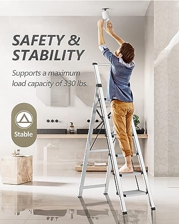 SOLADDER 6 Step Ladder, Folding Step Stool with Handgrip and Anti-Slip Wide Pedal, Portable Lightweight Aluminum Stepladder for Kitchen, Home, Library, Office (330 lbs Capacity) - Silver