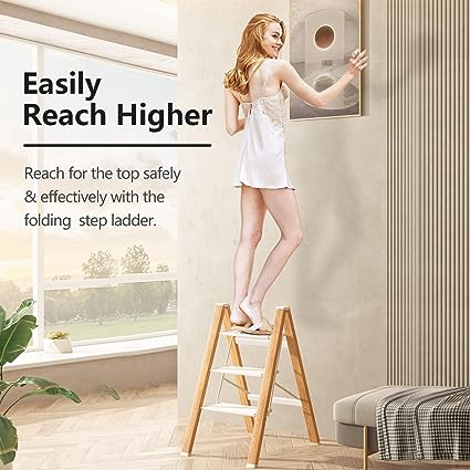 Decorative 3 Step Ladder Anti Slip Foldable Step Stool White HOME