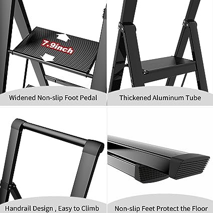 SOLADDER 6 Step Ladder, Folding Step Stool with Handgrip and Anti-Slip Wide Pedal, Portable Lightweight Aluminum Stepladder for Kitchen, Home, Library, Office, Balck, 330 lbs