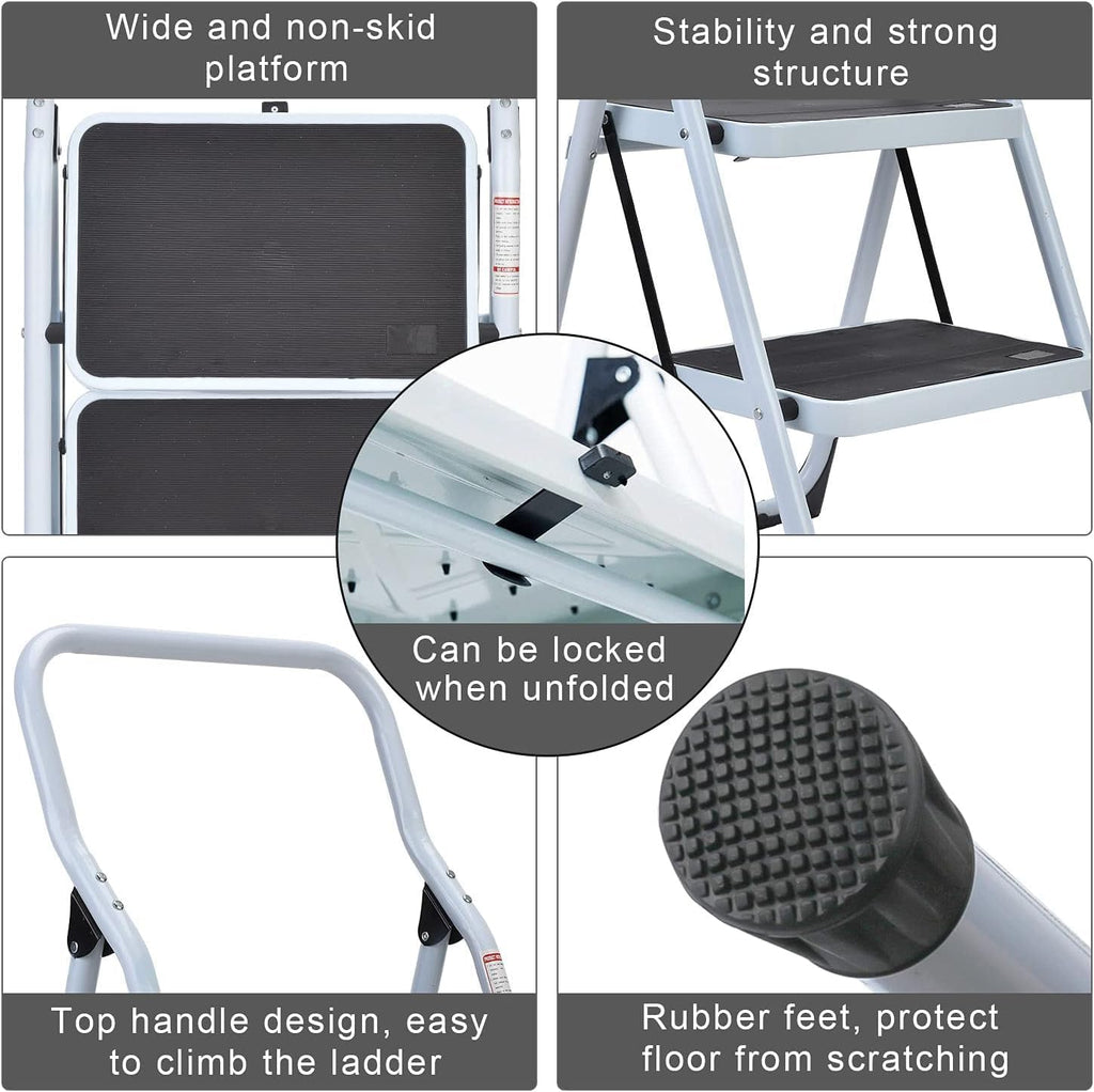 1-Step Ladders Ladder Folding Step Stool with Anti-Slip Sturdy and Wide Pedal Stepladder Multi-Use for Home and Kitchen Space Saving - White