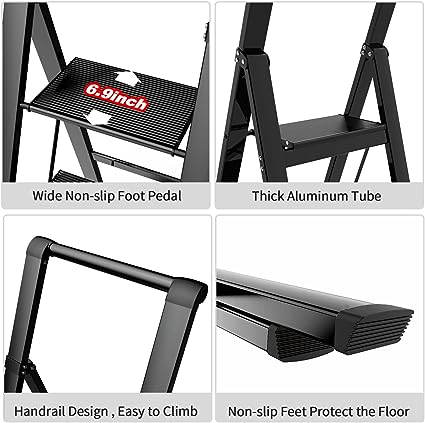 5 Step Ladder, Folding Step Stool with Handgrip and Anti-Slip Wide Pedal, Portable Lightweight Aluminum Stepladder for Kitchen, Home, Library, Office (330 lbs Capacity) - Black