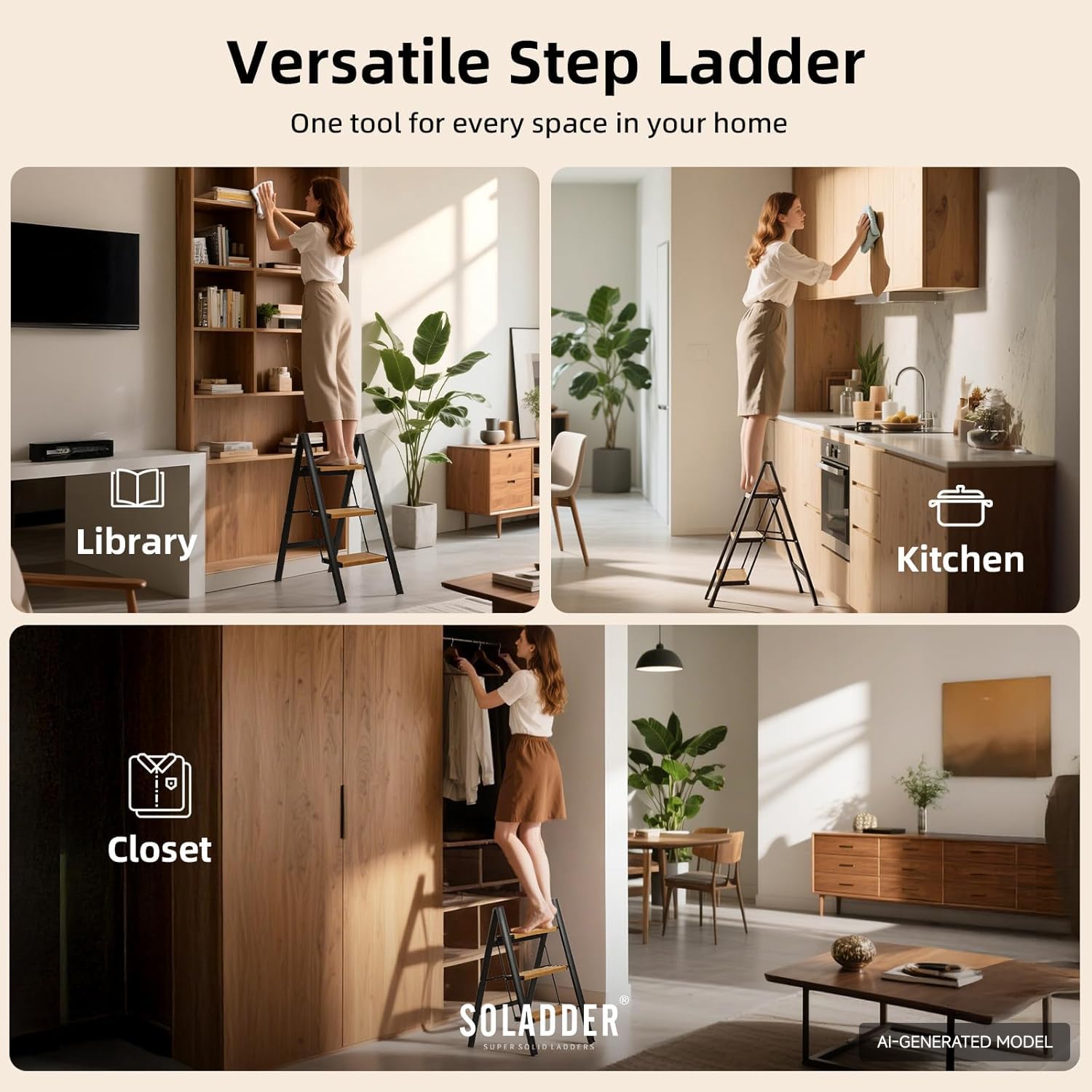 SOLADDER 3 Step Ladder, Folding Step Stool, Black & Woodgrain
