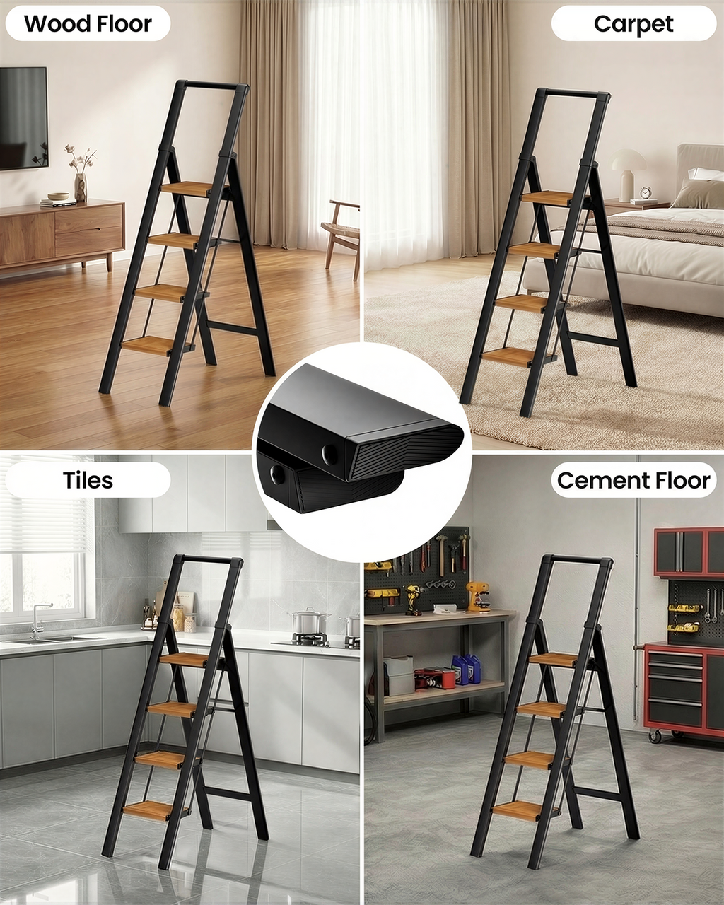 4-Step Folding Step Ladder – Black Woodgrain