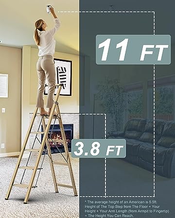 5 Step Ladder, Folding Step Stool with Handgrip and Anti-Slip Wide Pedal, Portable Lightweight Aluminum Stepladder for Kitchen, Home, Library, Office (330 lbs Capacity) - Gold