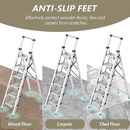 SOLADDER 6 Step Ladder, Folding Step Stool with Handgrip and Anti-Slip Wide Pedal, Portable Lightweight Aluminum Stepladder for Kitchen, Home, Library, Office (330 lbs Capacity) - Silver