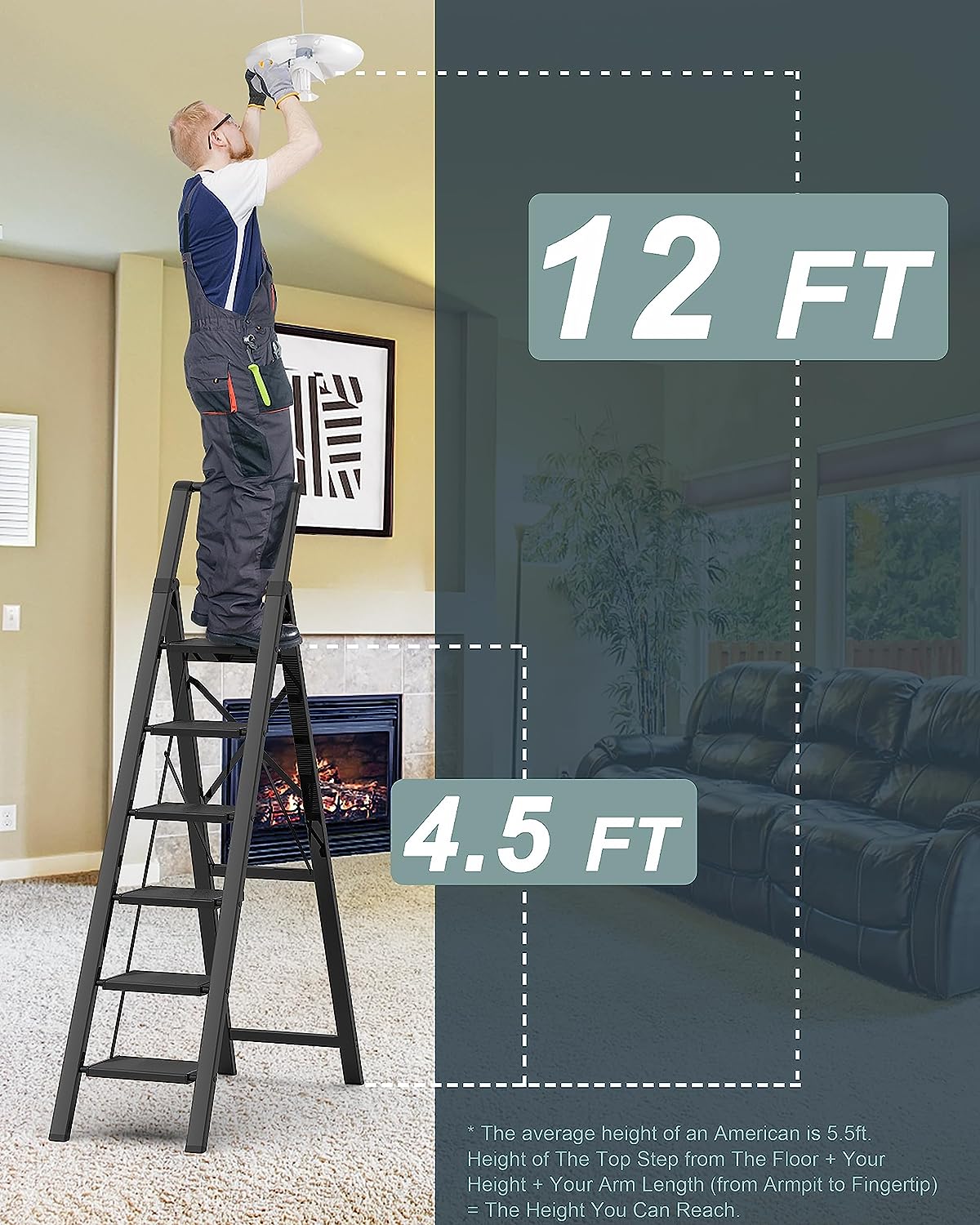 6 Step Ladder for 12 Feet High Ceiling, Folding Step Stool with Handgrip and Anti-Slip Wide Pedal, Portable Lightweight Aluminum Stepladder for Kitchen, Home (330 lbs Capacity) - Black