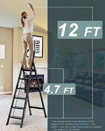  6 Step Ladder, Folding Step Stool with Anti-Slip Wide Sturdy Pedal and Handgrip, Portable Lightweight Aluminum Stepladder, Multi-Use for Home, Library, Garage (330 lbs Capacity) - Black