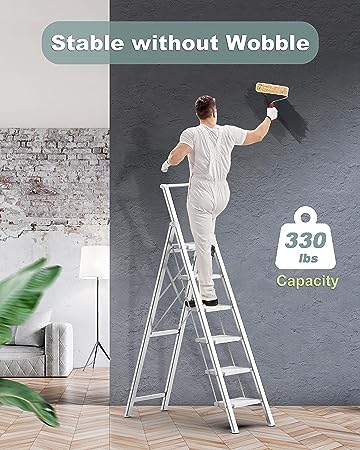  6 Step Ladder for 12 Feet High Ceiling, Folding Step Stool with Handgrip and Anti-Slip Wide Pedal, Portable Lightweight Aluminum Stepladder for Kitchen, Home (330 lbs Capacity) - Silver