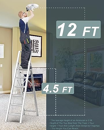  6 Step Ladder for 12 Feet High Ceiling, Folding Step Stool with Handgrip and Anti-Slip Wide Pedal, Portable Lightweight Aluminum Stepladder for Kitchen, Home (330 lbs Capacity) - Silver