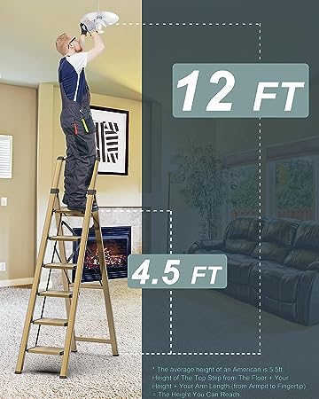 6 Step Ladder for 12 Feet High Ceiling, Folding Step Stool with Handgrip and Anti-Slip Wide Pedal, Portable Lightweight Aluminum Stepladder for Kitchen, Home - Gold