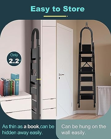  6 Step Ladder, Folding Step Stool with Anti-Slip Wide Sturdy Pedal and Handgrip, Portable Lightweight Aluminum Stepladder, Multi-Use for Home, Library, Garage (330 lbs Capacity) - Black