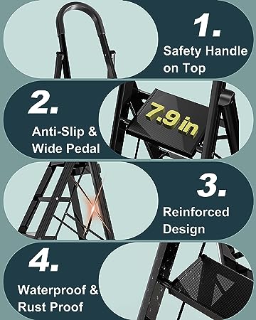  6 Step Ladder, Folding Step Stool with Anti-Slip Wide Sturdy Pedal and Handgrip, Portable Lightweight Aluminum Stepladder, Multi-Use for Home, Library, Garage (330 lbs Capacity) - Black