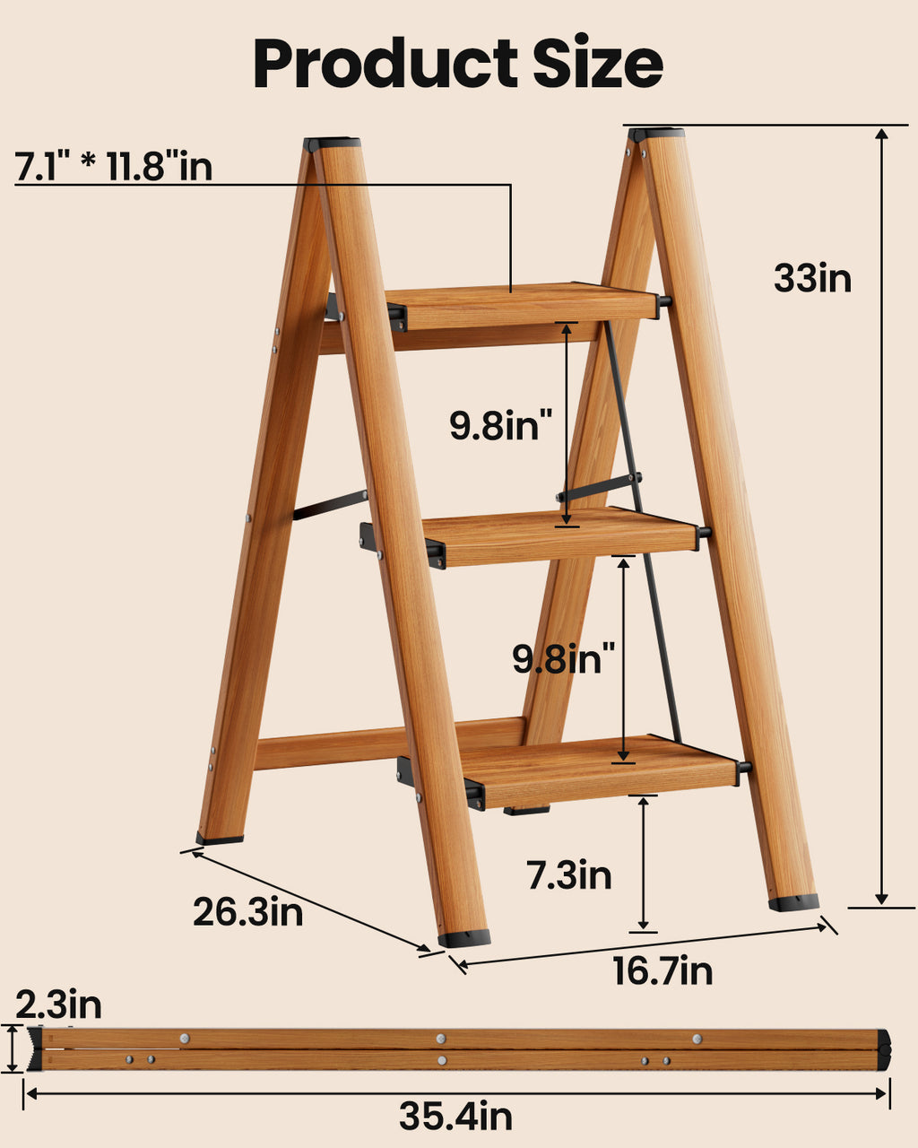 3-Step Folding Ladder – Woodgrain