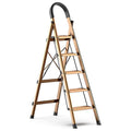 5 Step Ladder, Folding Step Stool with Handgrip and Anti-Slip Wide Pedal, Portable Lightweight Aluminum Stepladder for Kitchen, Home, Library, Office (330 lbs Capacity) - Brown Gold