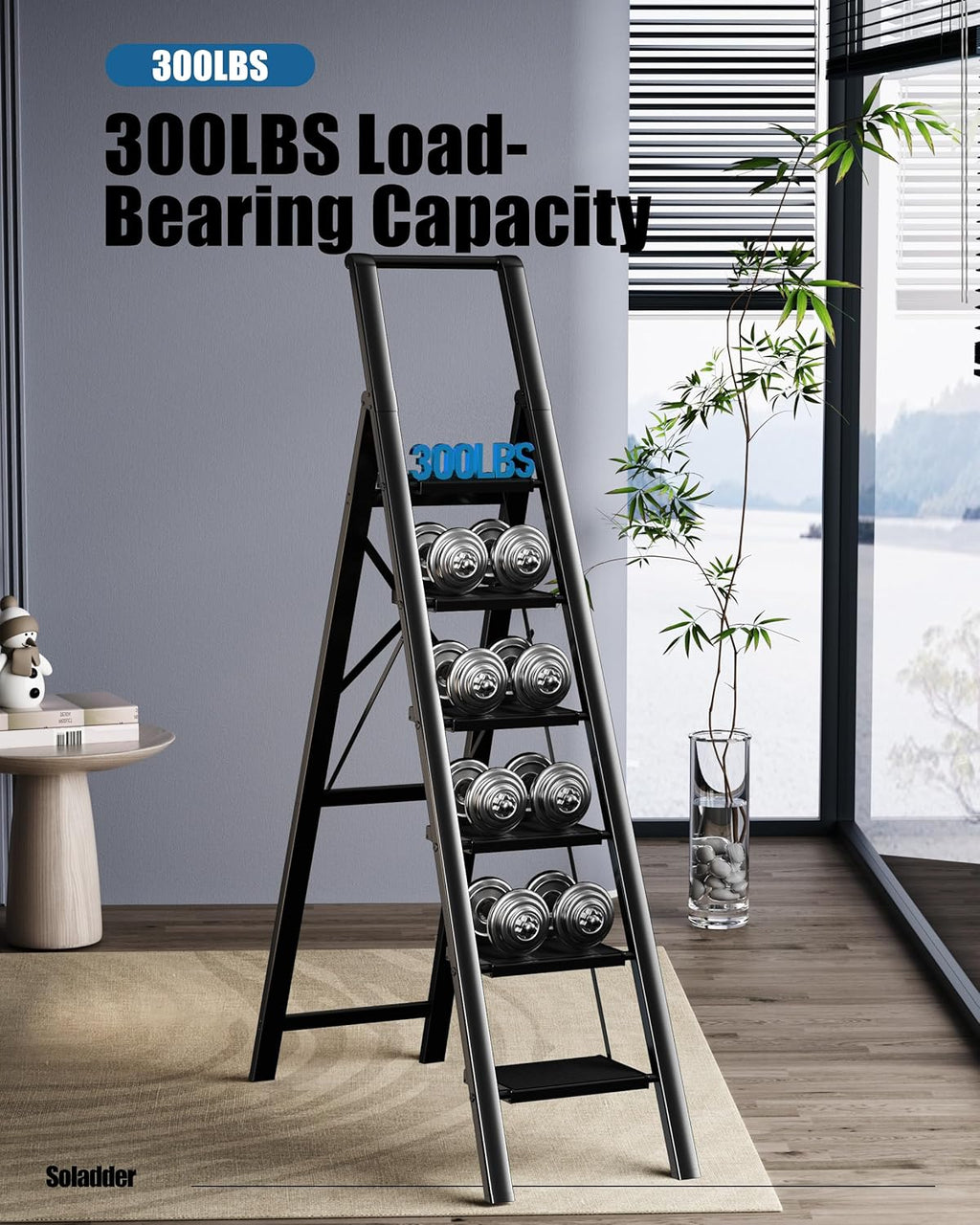 6 Step Ladder for 12 Feet High Ceiling, Folding Step Stool with Handgrip and Anti-Slip Wide Pedal, Portable Lightweight Aluminum Stepladder for Kitchen, Home (330 lbs Capacity) - Black